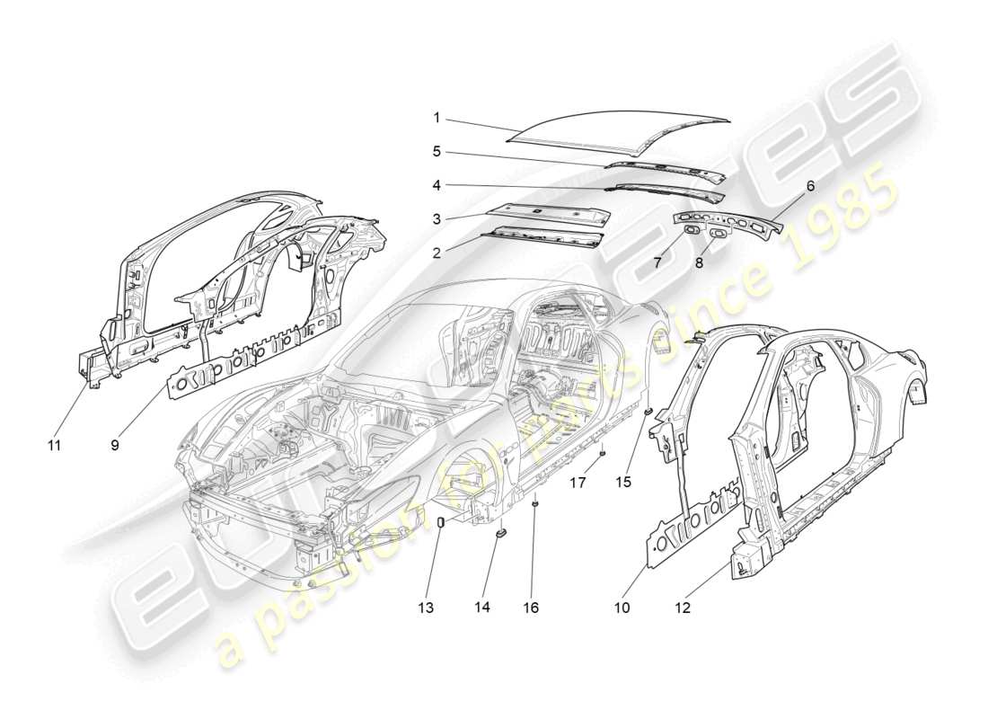 maserati granturismo mc stradale (2011) schema delle parti della carrozzeria e dei pannelli di rivestimento esterni centrali