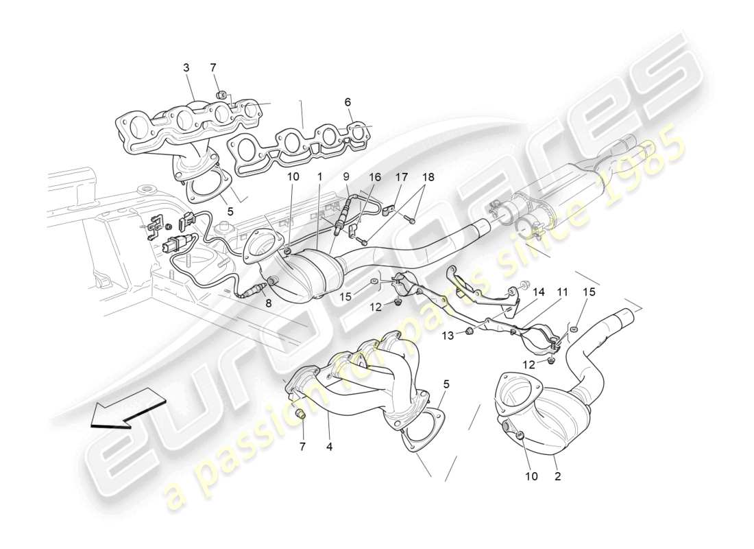 maserati granturismo mc stradale (2012) diagramma delle parti dei convertitori pre-catalitici e dei convertitori catalitici