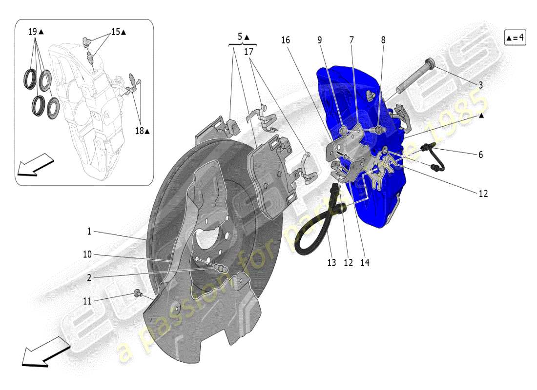 maserati grecale modena (2023) schema parziale dei dispositivi di frenatura sulle ruote anteriori