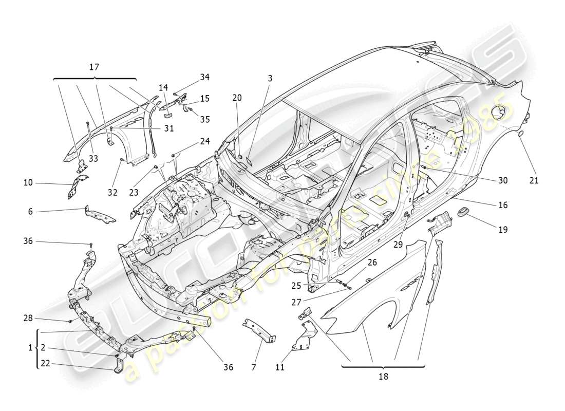 maserati ghibli (2014) schema delle parti della carrozzeria e dei pannelli di rivestimento esterni anteriori
