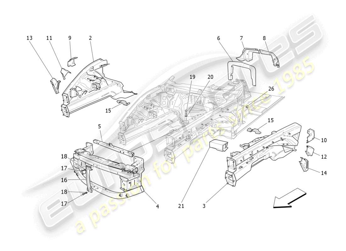 maserati granturismo mc stradale (2013) schema delle parti dei telai strutturali anteriori e dei pannelli in lamiera