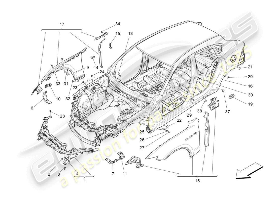 maserati levante (2020) schema delle parti della carrozzeria e dei pannelli di rivestimento esterni anteriori