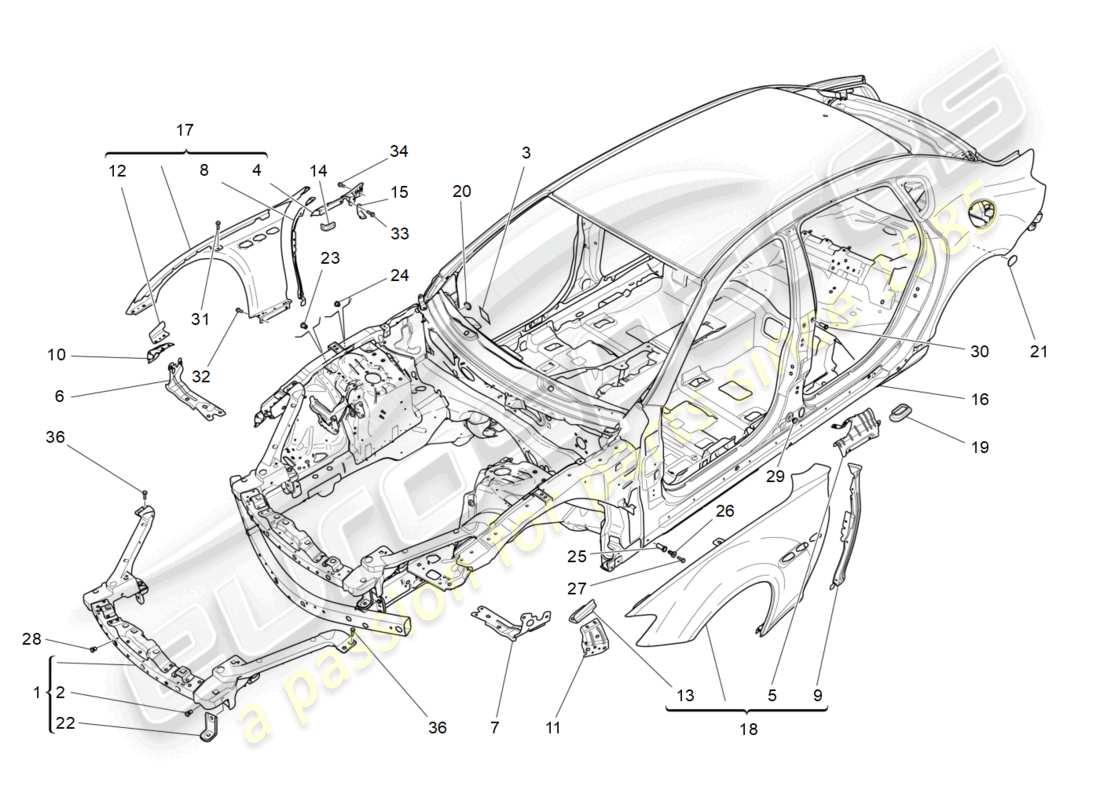 maserati quattroporte (2018) schema delle parti della carrozzeria e dei pannelli di rivestimento esterni anteriori