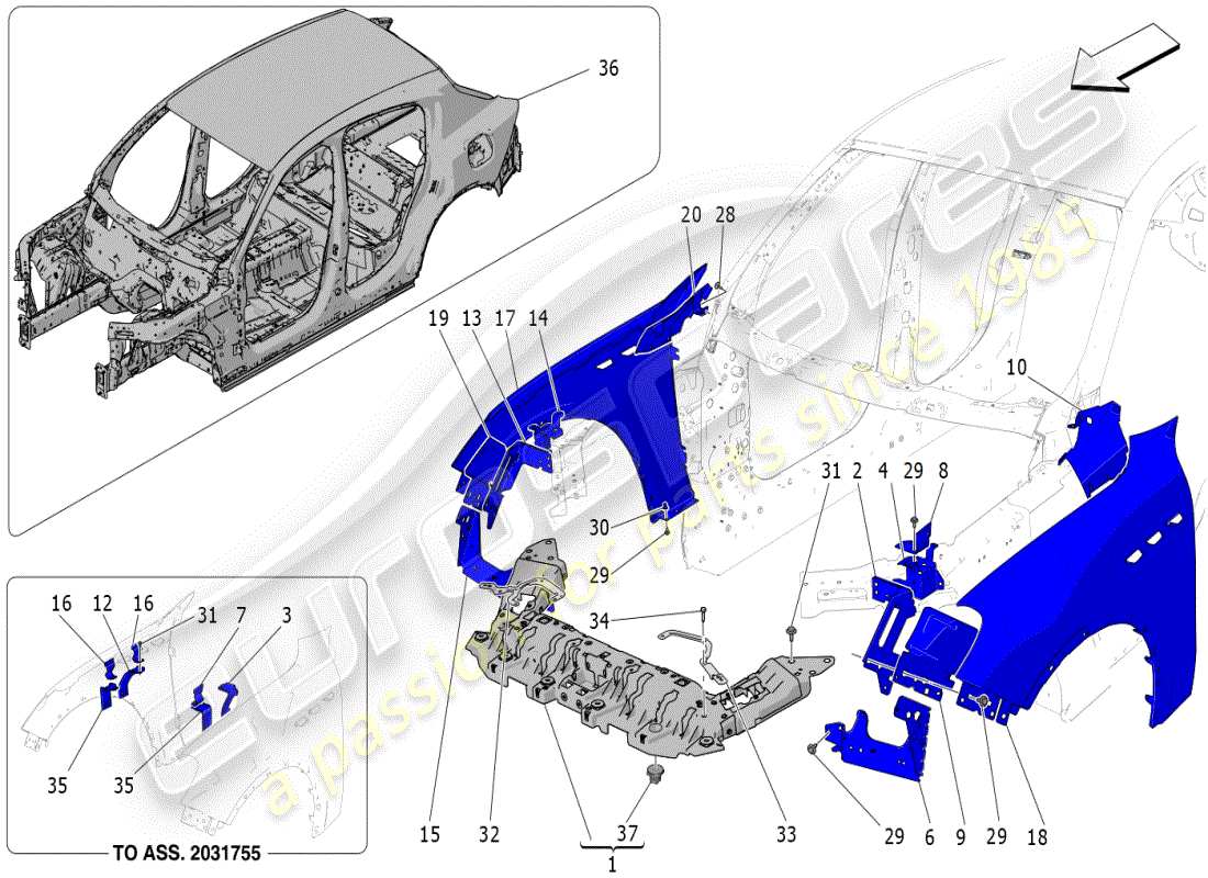 maserati grecale modena (2023) schema delle parti della carrozzeria e dei pannelli di rivestimento esterni anteriori