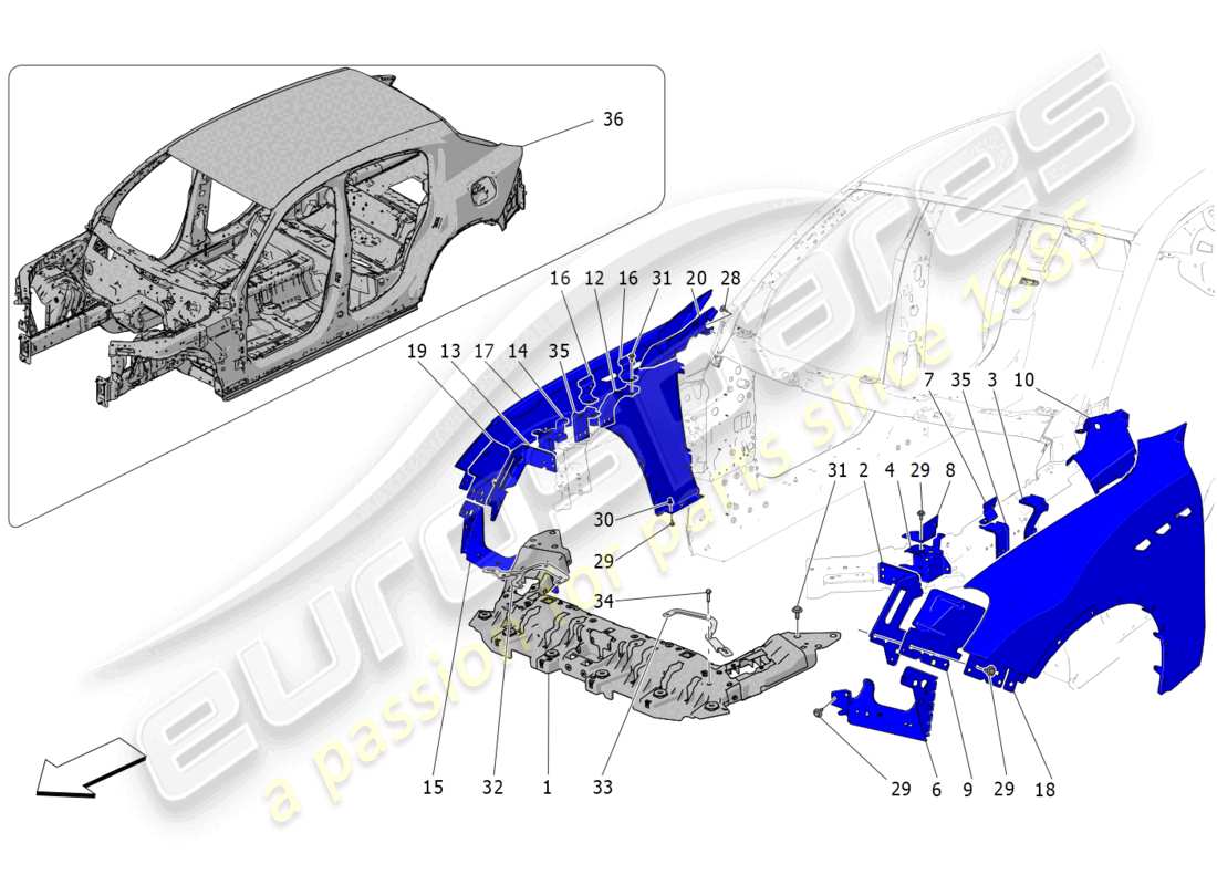 maserati grecale trofeo (2023) schema delle parti della carrozzeria e dei pannelli di rivestimento esterni anteriori