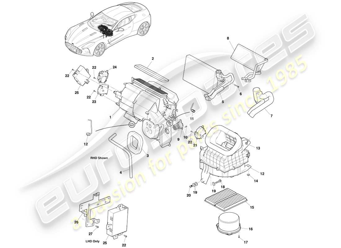 aston martin one-77 (2011) evaporatore e riscaldatore diagramma delle parti