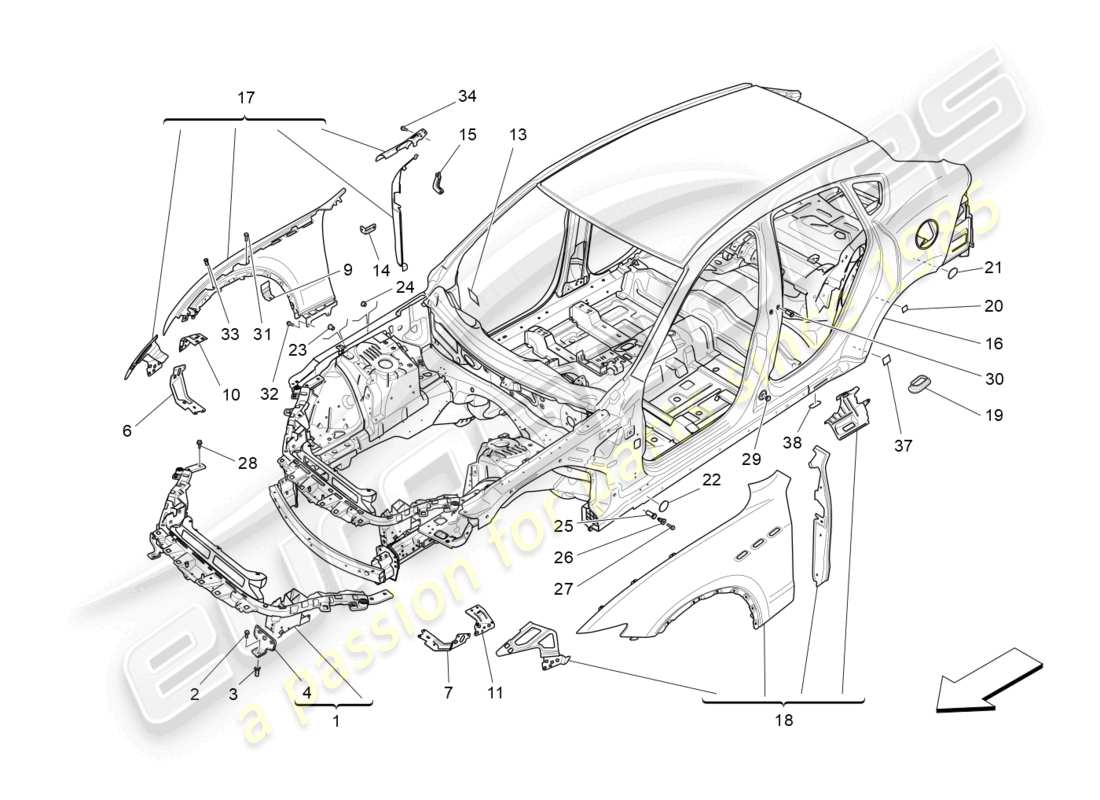 maserati levante gts (2020) schema delle parti della carrozzeria e dei pannelli di rivestimento esterni anteriori