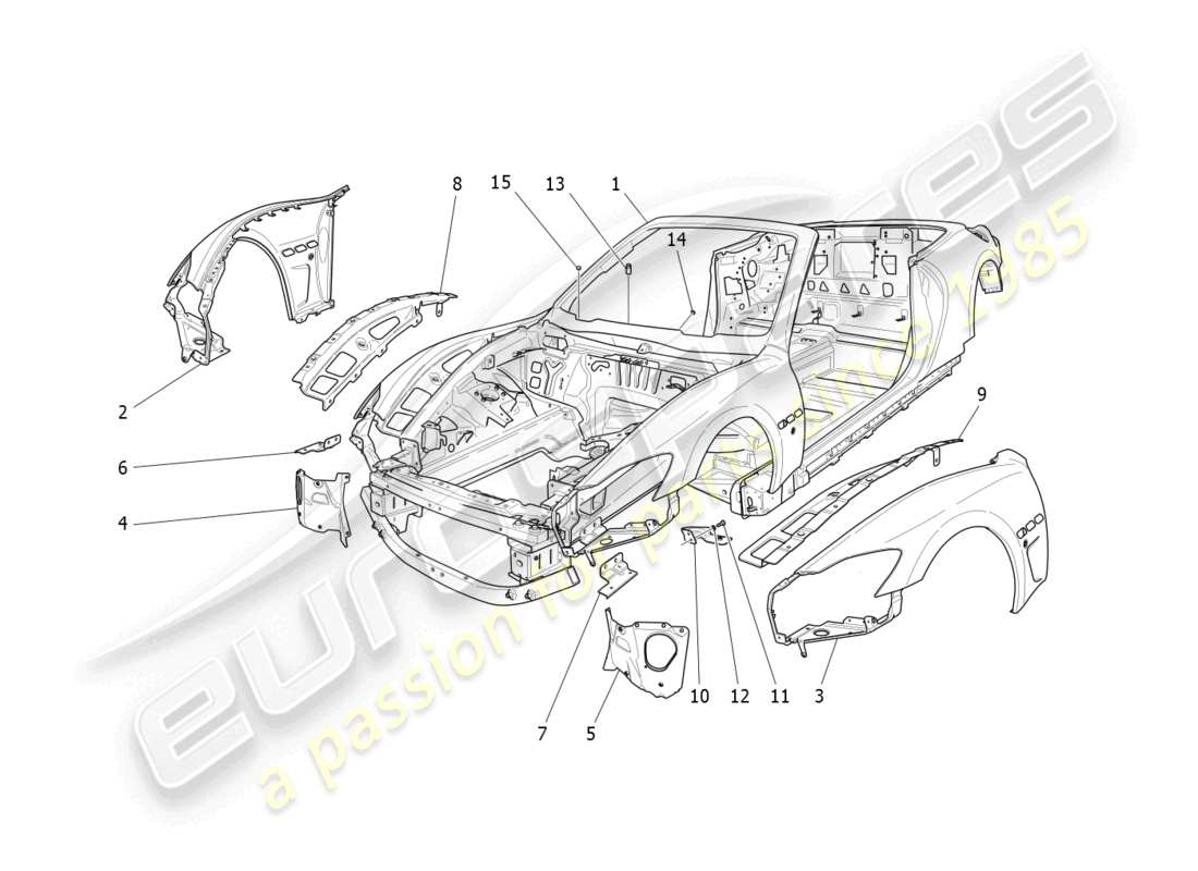 maserati grancabrio mc (2013) schema delle parti della carrozzeria e dei pannelli di rivestimento esterni anteriori