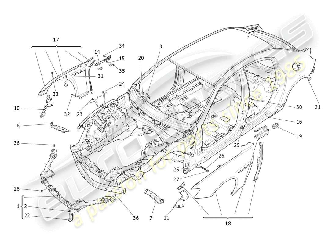 maserati ghibli (2017) schema delle parti della carrozzeria e dei pannelli di rivestimento esterni anteriori