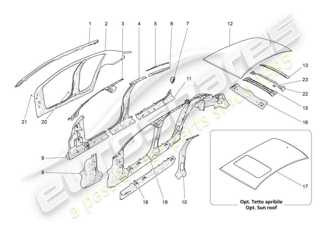 maserati ghibli (2017) schema delle parti della carrozzeria e dei pannelli di rivestimento esterni centrali