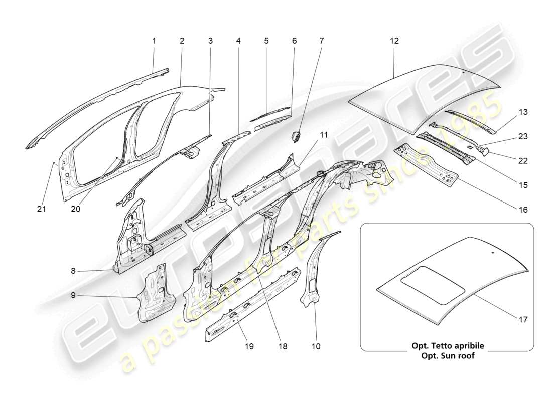 maserati ghibli (2018) schema delle parti della carrozzeria e dei pannelli di rivestimento esterni centrali