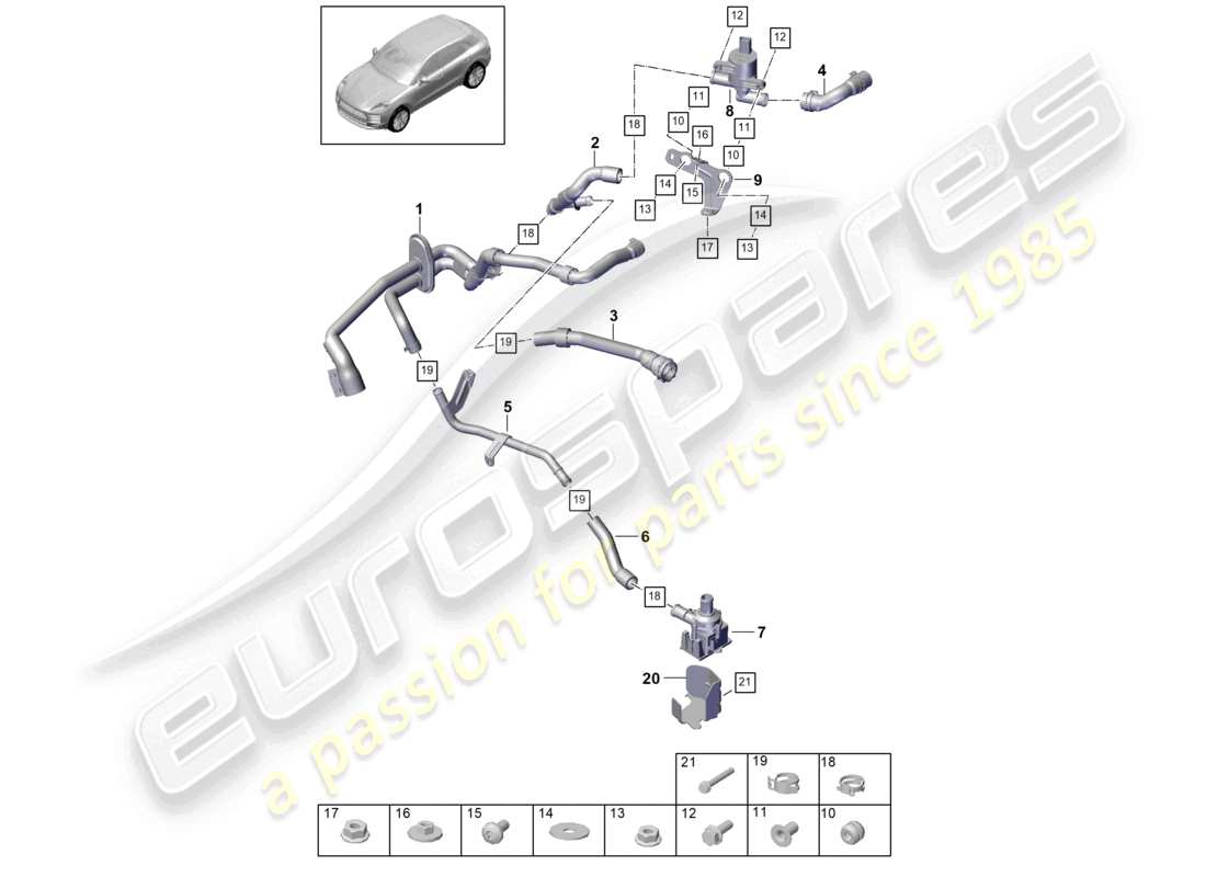 porsche 2021 (macan) riscaldatore r4 2,0l tfsi scatola dell'acqua rhd schema delle parti