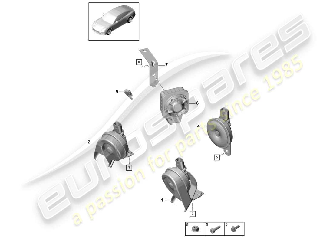 porsche 2021 (panamera 971-1) schema delle parti del segnalatore acustico della fanfara del segnalatore acustico dell'allarme