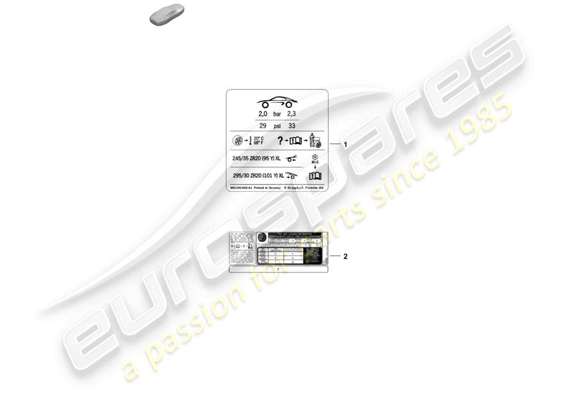 porsche 2021 (718 cayman gt4) etichetta per la pressione di gonfiaggio degli pneumatici diagramma delle parti
