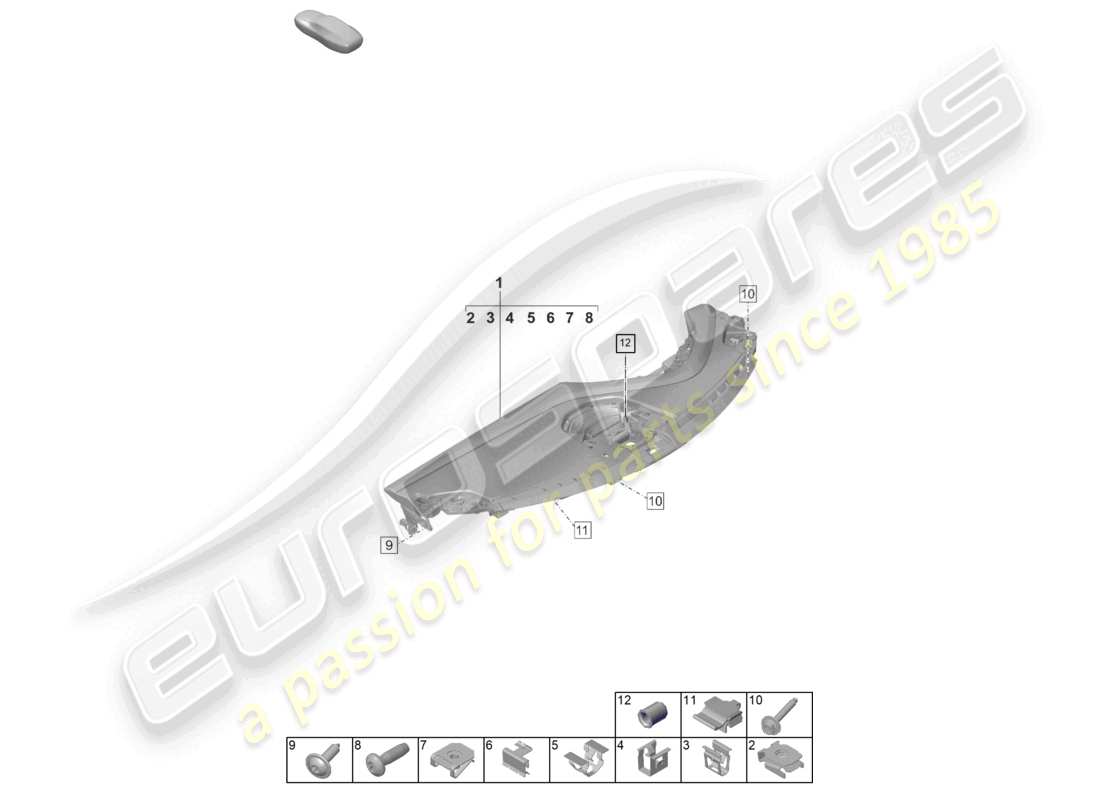 porsche 2020 (taycan 9j1-1) rivestimento del pannello strumenti parte superiore con: elementi di fissaggio diagramma delle parti