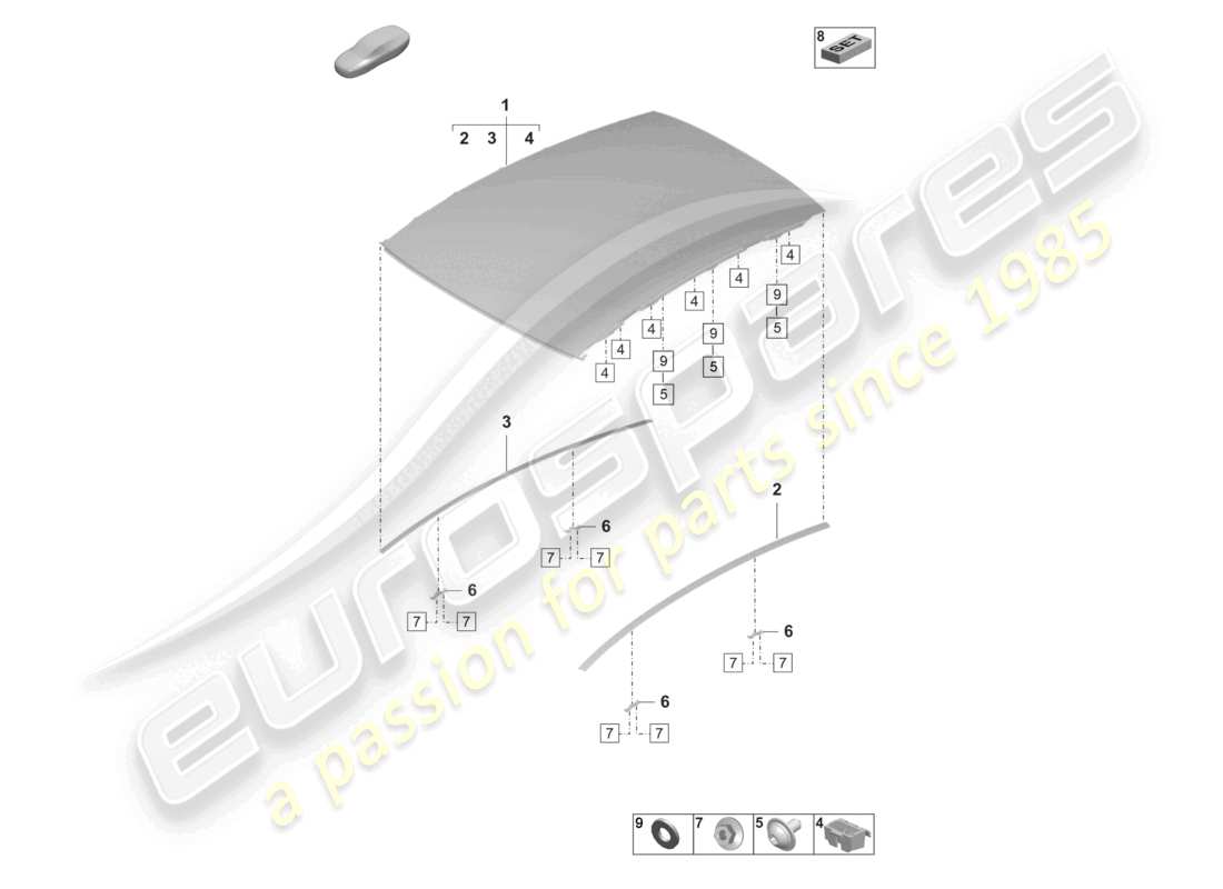 porsche 2025 (taycan 9j1-2) schema delle parti del tetto in vetro
