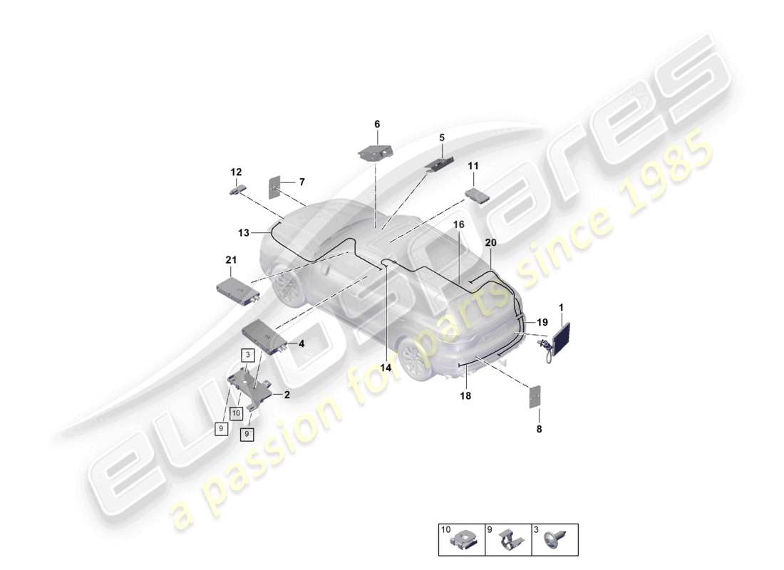 porsche 2022 (cayenne e3 9ya/9yb) schema delle parti dell'antenna telefonica del sistema multimediale aereo