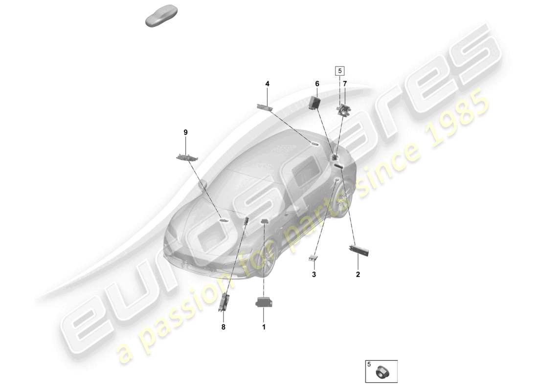 porsche 2025 (taycan 9j1-2) ausilio al parcheggio cicalino di avvertimento per veicoli con attivazione elettrica del portellone posteriore unità di controllo per aria condizionata sensore di qualità dell'aria diagramma delle parti