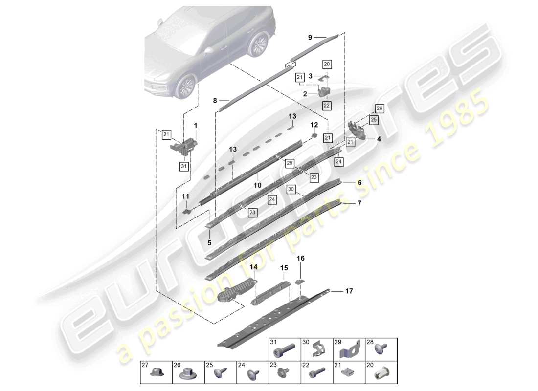 porsche 2022 (cayenne e3 9ya/9yb) schema delle parti degli accessori per il rivestimento dei longheroni