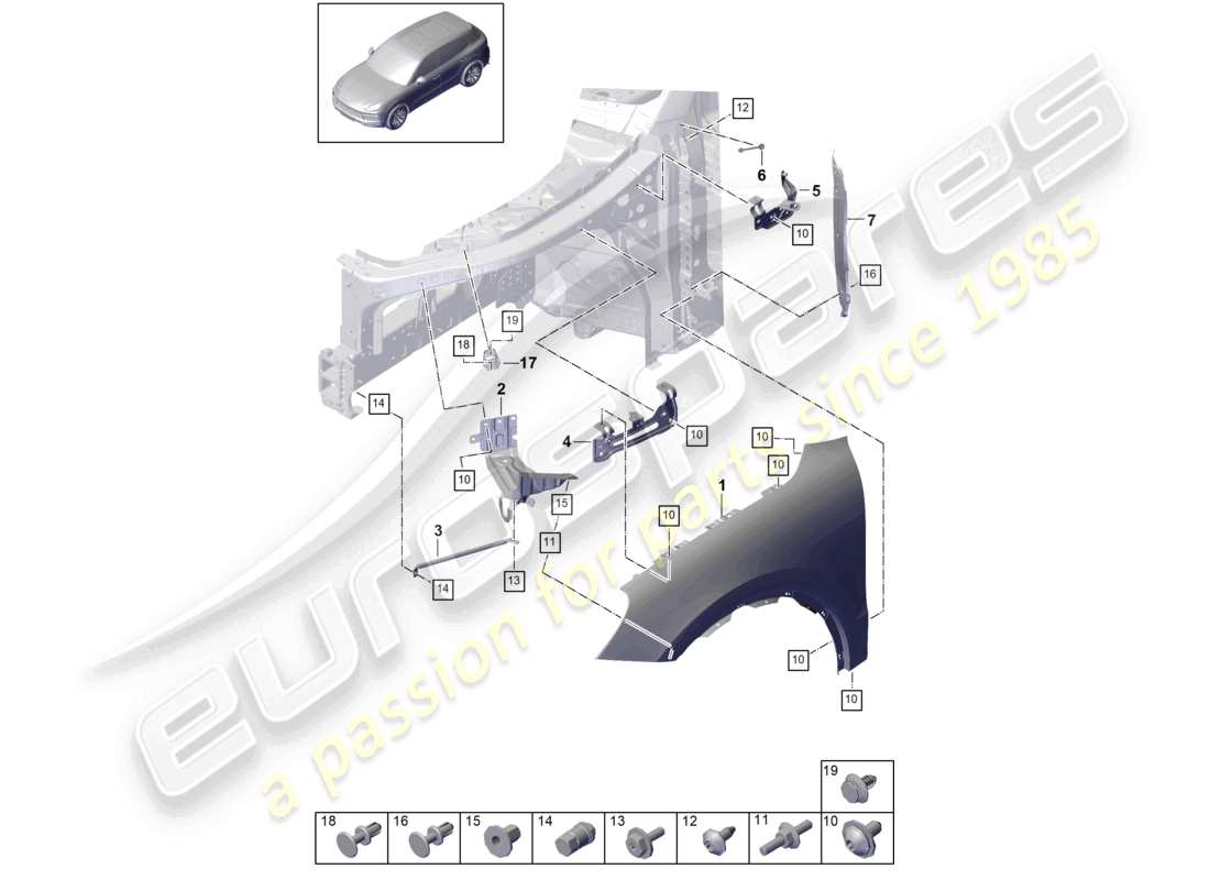 porsche 2022 (cayenne e3 9ya/9yb) diagramma delle parti dell'ala