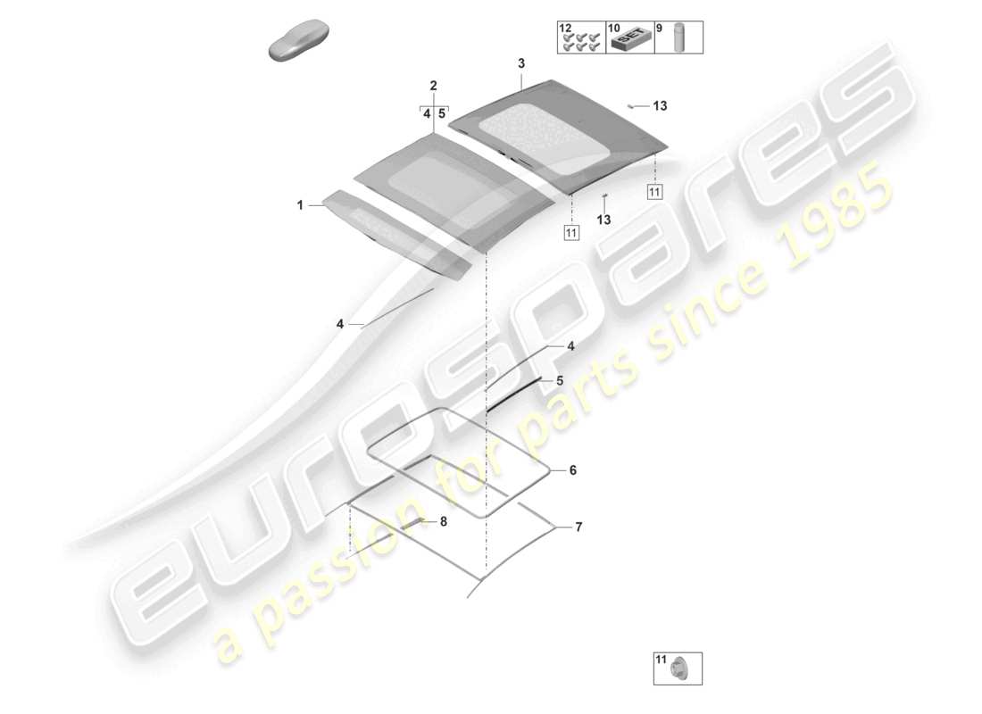 porsche 2021 (panamera 971-2) schema delle parti degli accessori del tetto scorrevole in vetro
