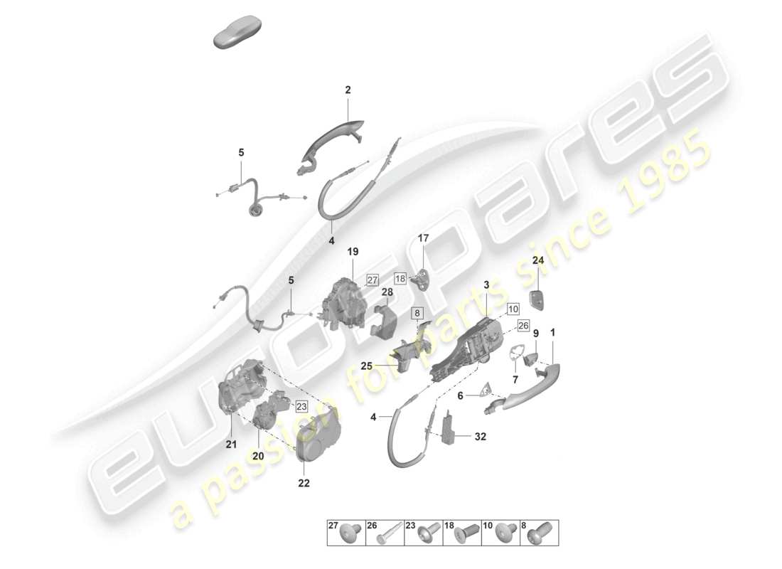 porsche 2021 (panamera 971-2) maniglia della porta, anteriore esterna schema delle parti della serratura della porta