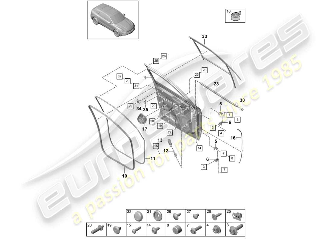 porsche 2023 (cayenne e3 9ya/9yb) schema delle parti delle guarnizioni anteriori della scocca della porta