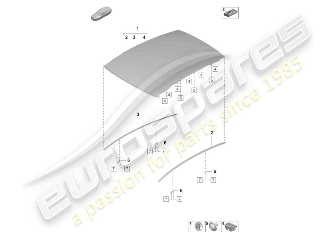 porsche 2020 (taycan 9j1-1) schema delle parti del tetto in vetro