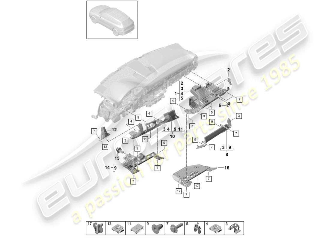 porsche 2023 (cayenne e3 9ya/9yb) schema delle parti degli accessori del rivestimento inferiore del pannello degli strumenti
