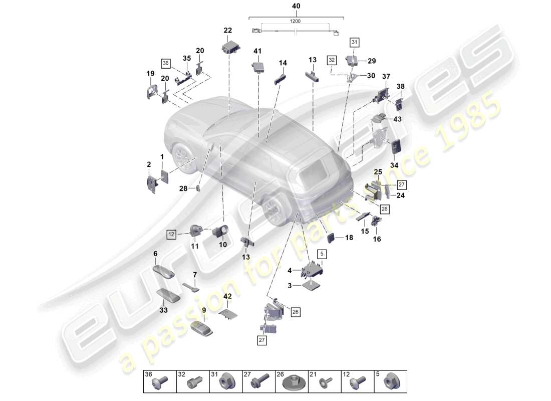 porsche 2023 (cayenne e3 9ya/9yb) unità di controllo parte anteriore parte posteriore interruttore di accensione/avviamento trasmettitore portatile comandi per il funzionamento della porta del garage unità ricevente riscaldatore ausiliario antenna unità di controllo per la regolazione della distanza unità di controllo per l'assistenza al cambio di corsia spoiler schema delle parti