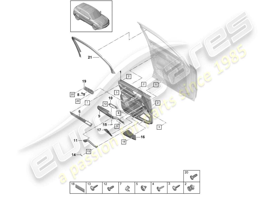 porsche 2023 (cayenne e3 9ya/9yb) pannello porta anteriore club in pelle schema delle parti