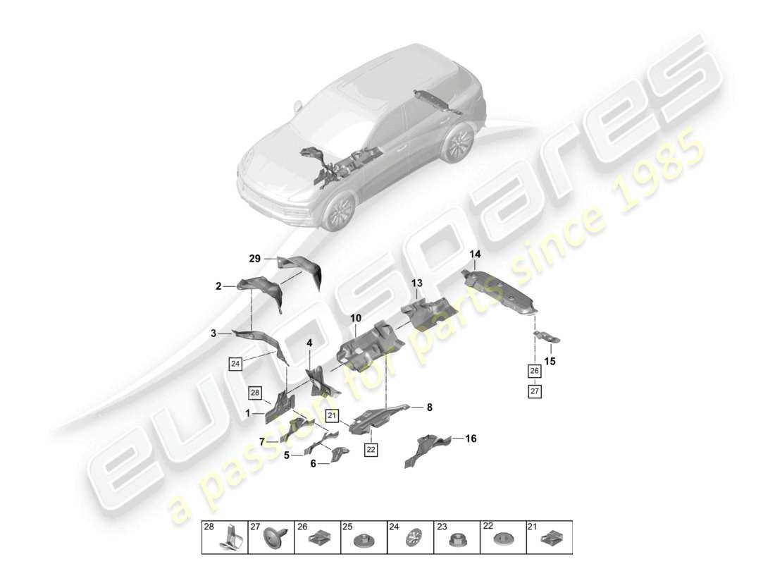 porsche 2022 (cayenne e3 9ya/9yb) schema delle parti del sottoscocca dell'isolamento termico