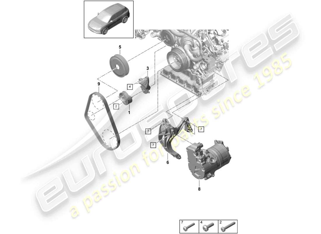 porsche 2022 (cayenne e3 9ya/9yb) cinghia poly-v tendicinghia ammortizzatore diagramma delle parti
