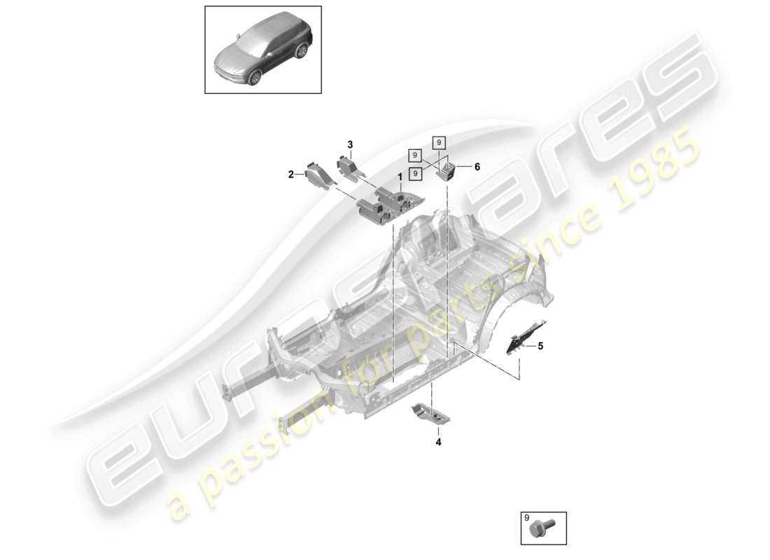 porsche 2022 (cayenne e3 9ya/9yb) piastre di pavimento supporto centrale del sedile diagramma delle parti