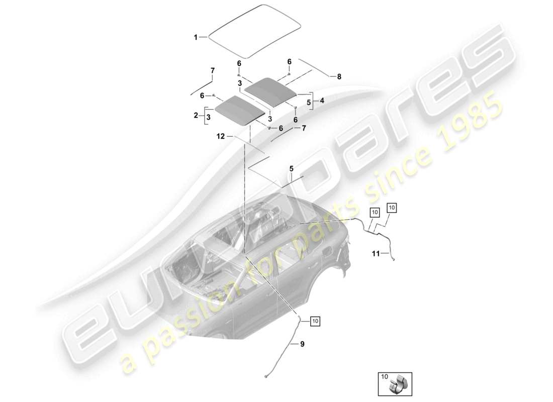 porsche 2024 (cayenne e3 9ya/9yb) tetto in vetro accessori copertura tubo di scarico dell'acqua schema delle parti
