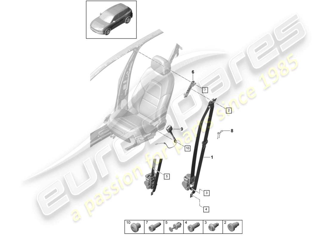 porsche 2023 (cayenne e3 9ya/9yb) cintura di sicurezza a tre punti anteriore chiusura della cintura diagramma delle parti
