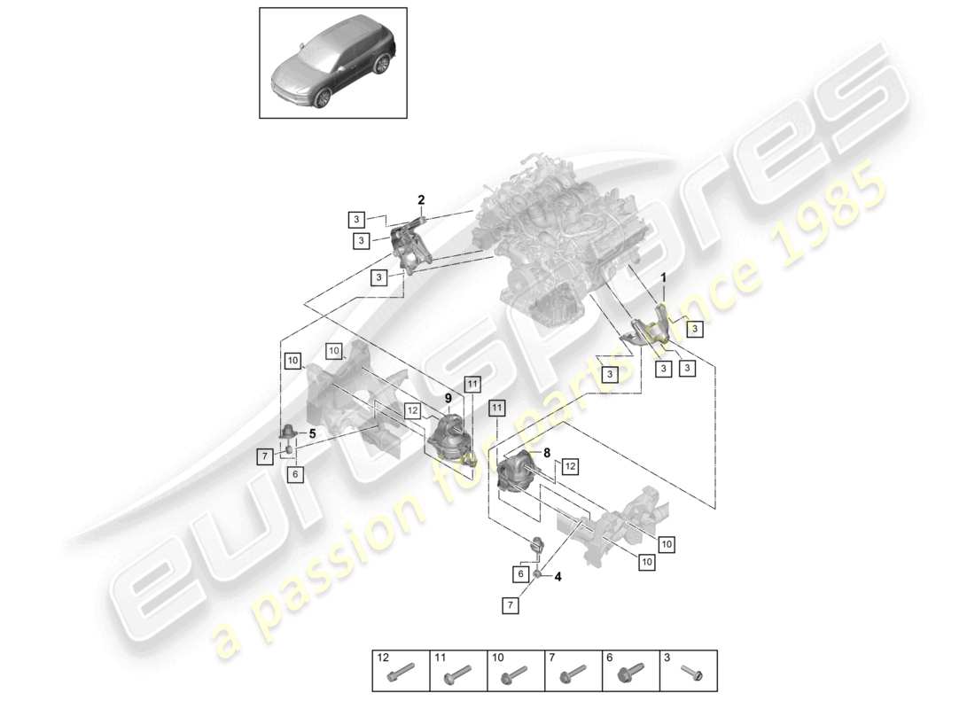 porsche 2022 (cayenne e3 9ya/9yb) dispositivo di sollevamento motore inferiore consolle per montaggio motore montaggio motore schema delle parti