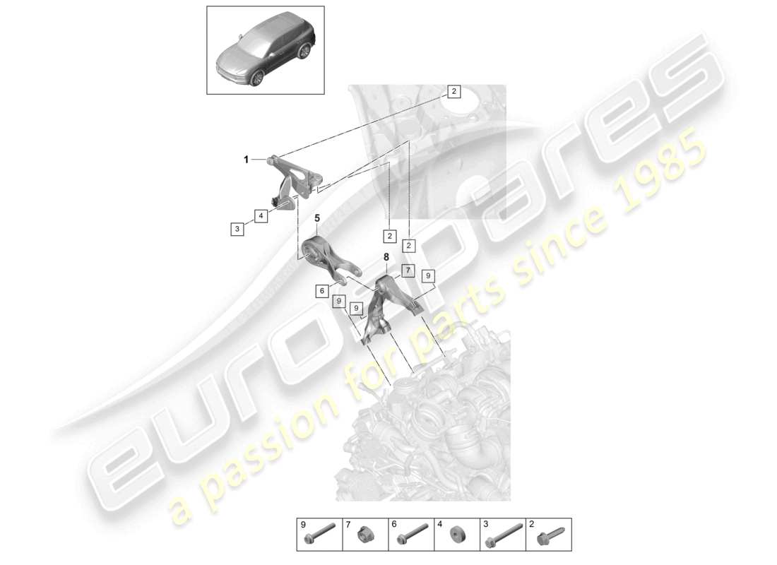 porsche 2024 (cayenne e3 9ya/9yb) paranco di sollevamento motore supporto motore superiore diagramma delle parti