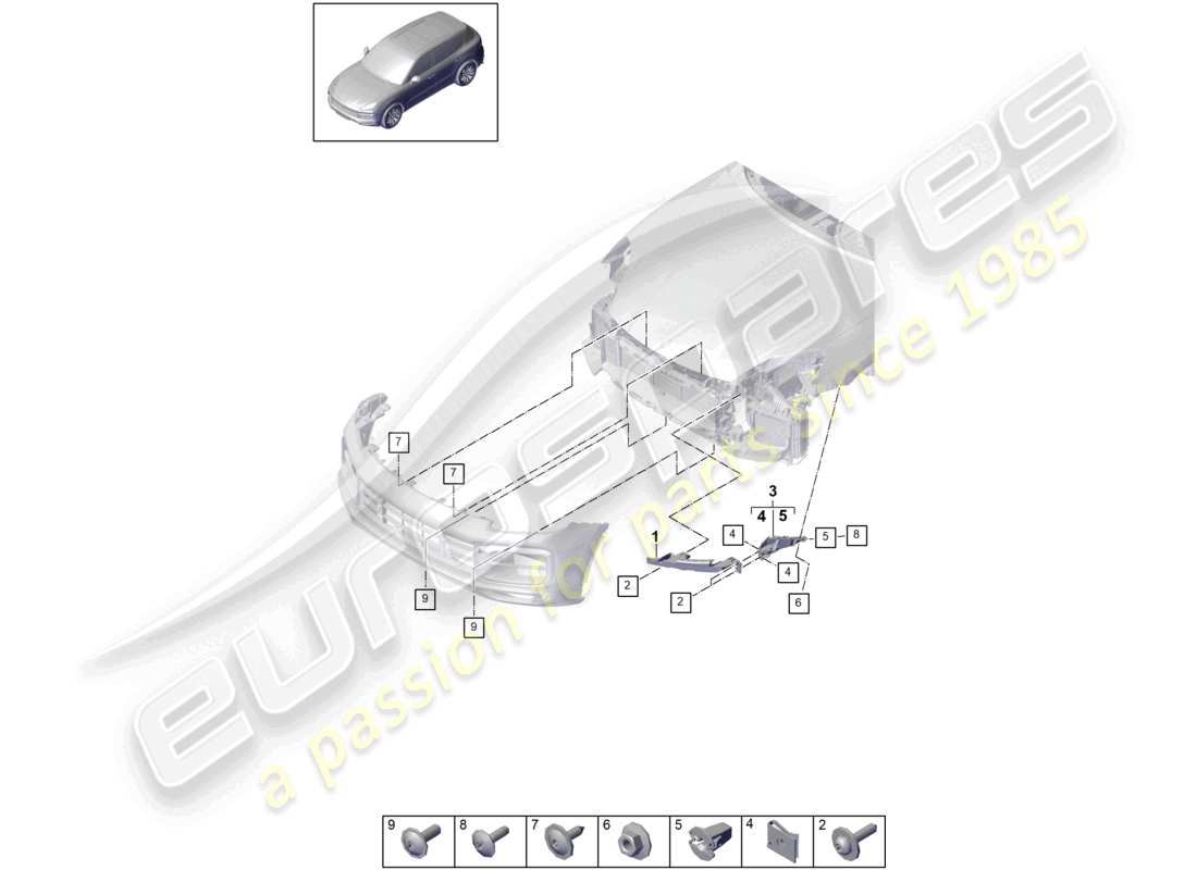 porsche 2022 (cayenne e3 9ya/9yb) schema dei componenti del paraurti anteriore