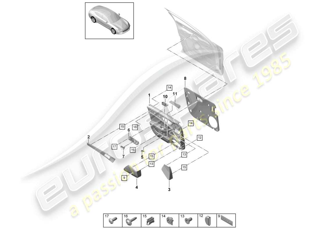 porsche 2021 (panamera 971-1) schema delle parti in similpelle del pannello anteriore della porta