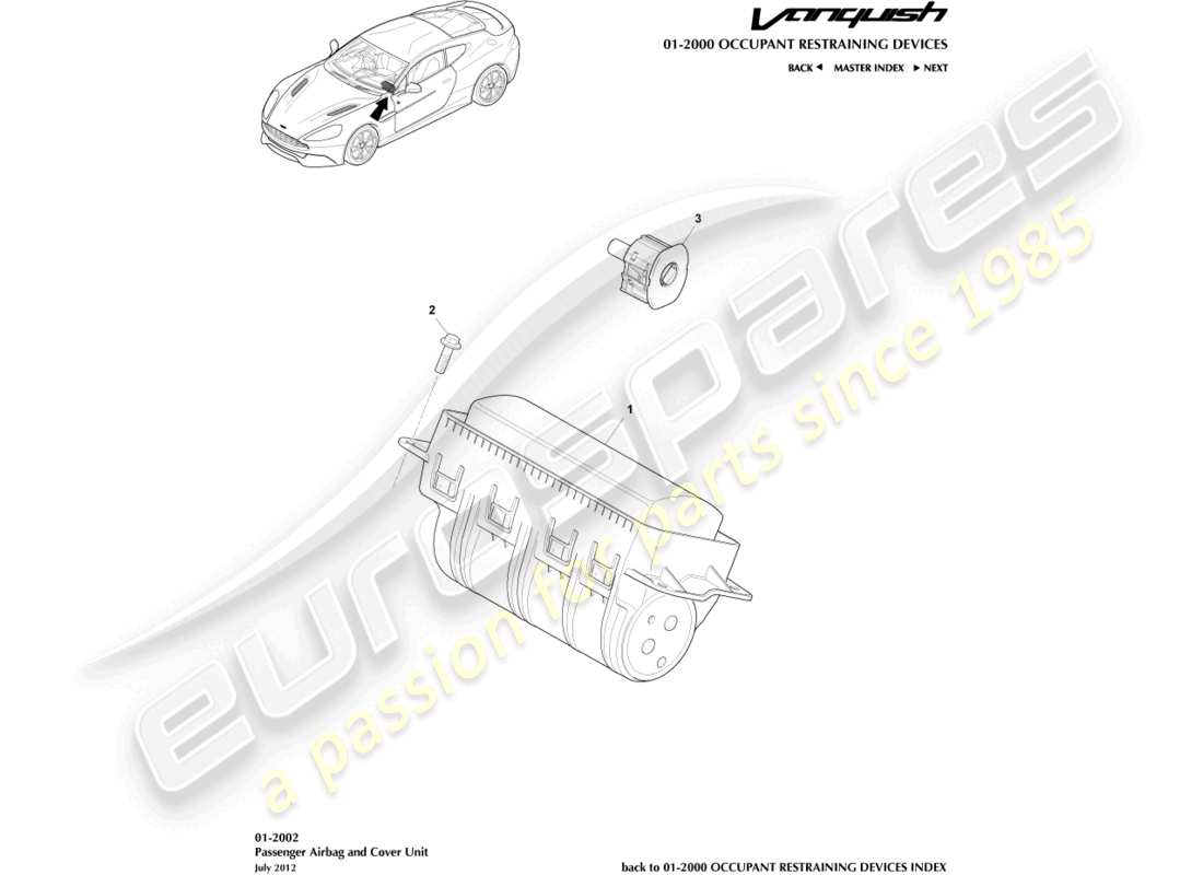 aston martin vanquish (2017) airbag, schema delle parti del passeggero