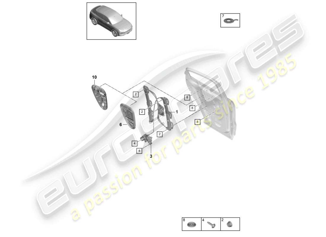 porsche 2022 (cayenne e3 9ya/9yb) schema dei componenti del supporto del gruppo del regolatore del finestrino posteriore