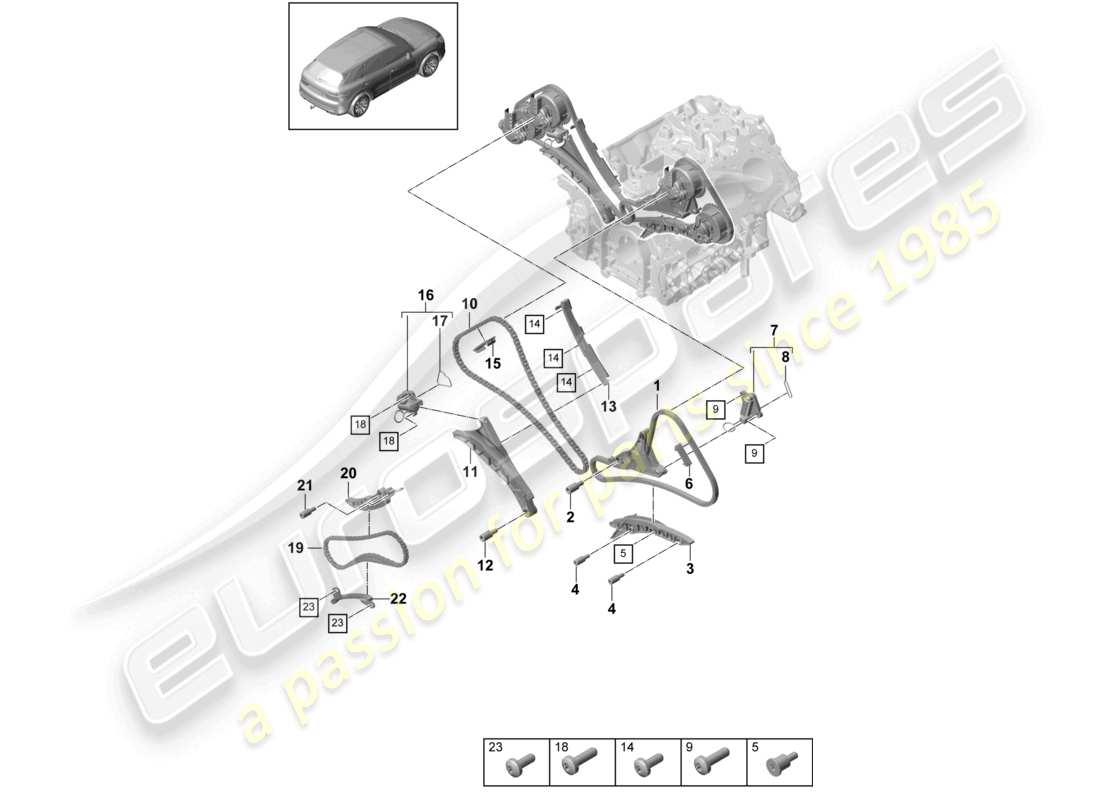 porsche 2022 (cayenne e3 9ya/9yb) tendicatena della guida di scorrimento della catena di distribuzione diagramma delle parti