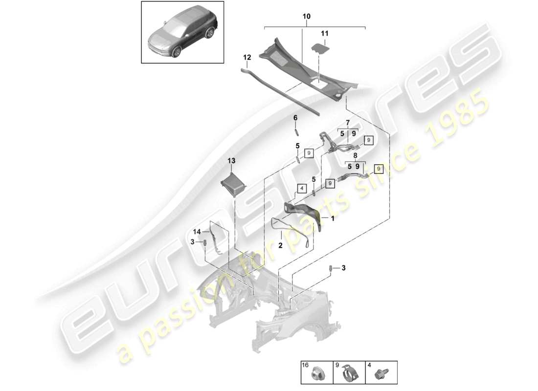 porsche 2022 (cayenne e3 9ya/9yb) schema delle parti della scatola dell'acqua del riscaldatore
