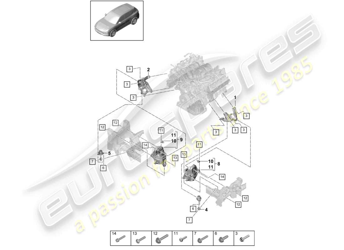 porsche 2022 (cayenne e3 9ya/9yb) dispositivo di sollevamento motore inferiore consolle per montaggio motore montaggio motore schema delle parti