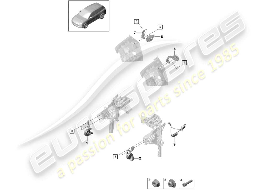 porsche 2023 (cayenne e3 9ya/9yb) schema delle parti del segnalatore acustico della fanfara del segnalatore acustico dell'allarme