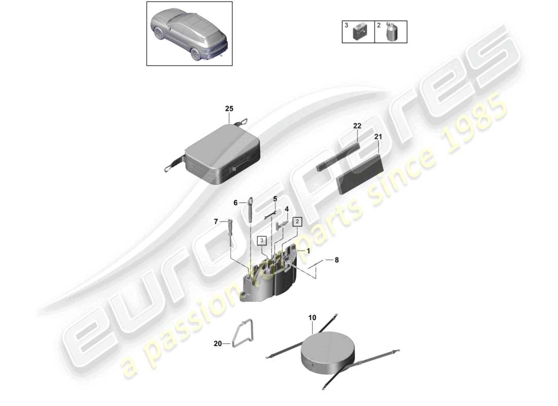 porsche 2021 (cayenne e3 9ya/9yb) cric per attrezzi diagramma delle parti