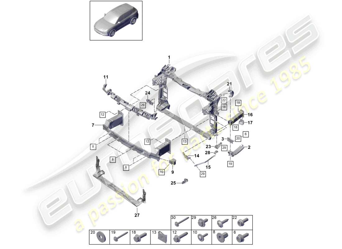 porsche 2022 (cayenne e3 9ya/9yb) paraurti anteriore e staffa di montaggio diagramma delle parti