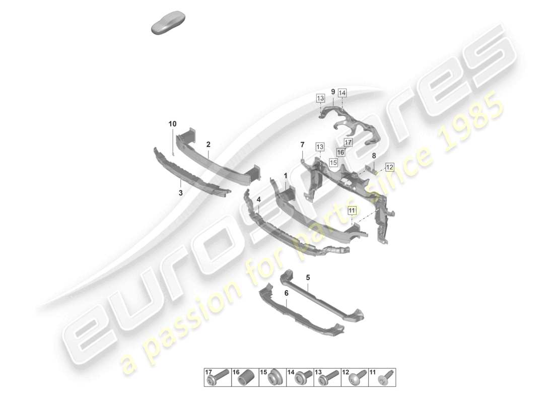 porsche 2021 (panamera 971-2) schema dei componenti del supporto paraurti anteriore e della staffa di montaggio
