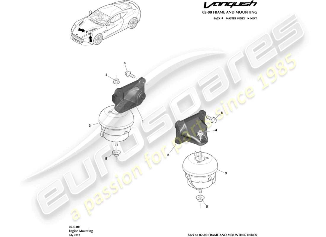 aston martin vanquish (2017) diagramma delle parti dei supporti del motore